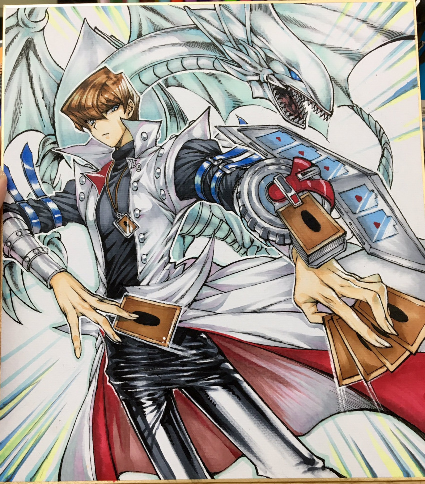 1boy black_pants blue-eyes_white_dragon blue_eyes bracer bright_pupils brown_hair card closed_mouth coat commentary_request contrapposto dragon duel_disk duel_monster hair_between_eyes highres holding holding_card jewelry kaiba_seto looking_at_viewer maruchi necklace open_clothes open_coat pants photo solo standing traditional_media white_coat yu-gi-oh!