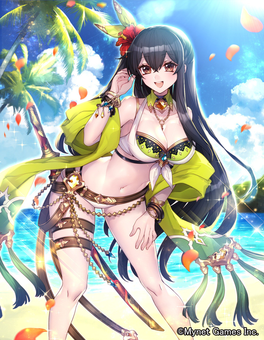 1girl bare_shoulders beach belt black_hair blue_sky bracelet breasts brown_eyes cleavage clouds cloudy_sky collarbone commentary_request copyright_name day fingernails flower gyakushuu_no_fantasica hair_flower hair_ornament hand_up hibiscus highres jewelry katagiri_hachigou large_breasts long_hair navel necklace official_art open_mouth outdoors palm_leaf palm_tree petals sheath sheathed shiny shiny_hair sky smile solo sparkle sunlight sword thigh_strap tree weapon