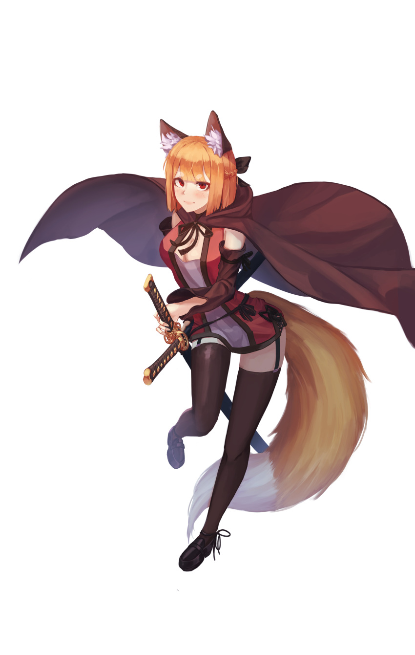 1girl absurdres animal_ear_fluff animal_ears blonde_hair bob_cut braid breasts cape cleavage commentary_request detached_sleeves dress fox_ears fox_girl fox_tail french_braid full_body garter_straps highres hukajiro katana korean_commentary original red_eyes ribbon saya_(scabbard) sheath sheathed short_hair sleeveless sleeveless_dress solo sword tail thigh-highs weapon white_background