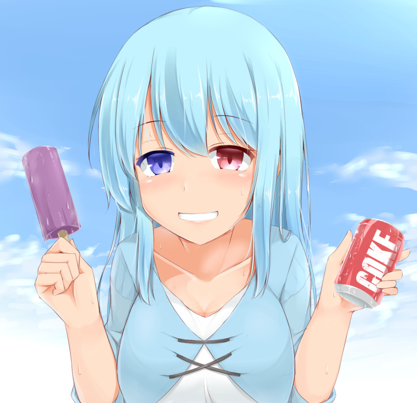 1girl aqua_hair bangs blue_eyes blush breasts can clothing_request clouds collarbone commentary eyebrows_visible_through_hair food garasuita grin heterochromia highres holding holding_can holding_food ice_cream long_hair long_sleeves looking_at_viewer medium_breasts outdoors red_eyes shiny shiny_hair sky smile soda_can solo stitches tatara_kogasa touhou upper_body