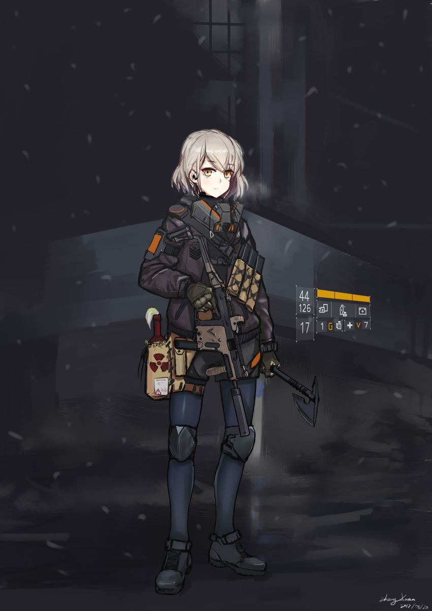 1girl absurdres ammunition artist_request commentary_request gas_mask girls_frontline gloves grey_hair gun highres holding holding_gun holding_weapon jacket knee_pads kriss_vector molotov_cocktail shoes shorts solo submachine_gun tom_clancy's_the_division tomahawk vector_(girls_frontline) weapon yellow_eyes