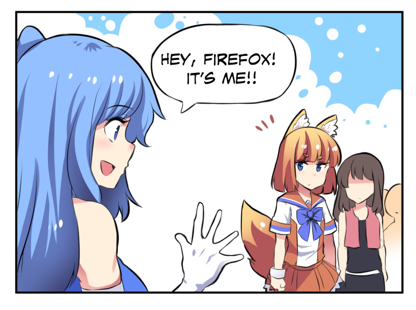 3girls animal_ears blue_eyes blue_hair blush breasts brown_hair closed_mouth collarbone comic elbow_gloves english eyebrows_visible_through_hair firefox fox_ears fox_tail gloves hair_ornament highres hinghoi internet_explorer large_breasts legend_of_mana looking_at_another multiple_girls open_mouth orange_skirt os-tan seiken_densetsu short_hair skirt smile speech_bubble tail white_gloves