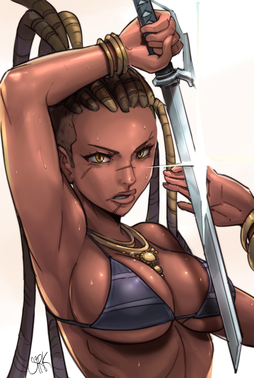 1girl arm_up armpits bikini_top black_bikini_top bracelet breasts brown_hair cleavage dark_skin fighting_stance hairlocs highres holding holding_sword holding_weapon jewelry kewminus large_breasts lens_flare lips long_hair looking_at_viewer master_raven ninjatou nose scar solo sweat sword tekken tekken_7 under_boob upper_body very_dark_skin weapon yellow_eyes