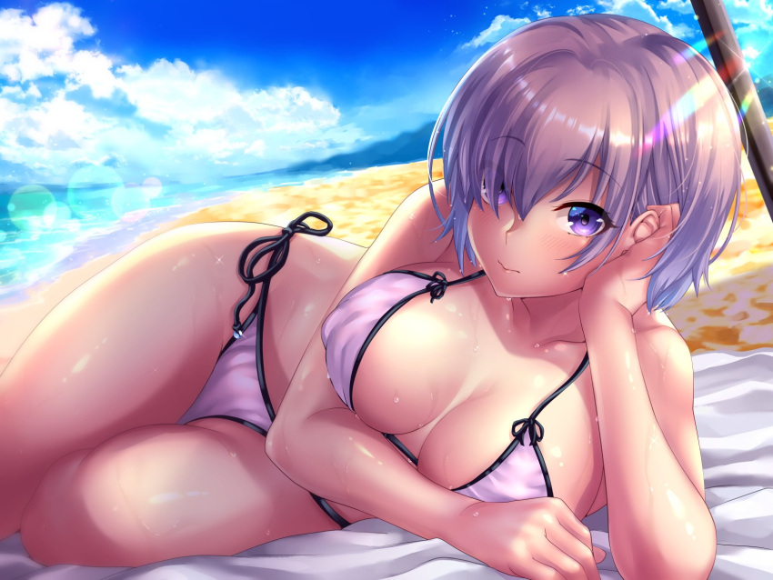 1girl 3: beach bikini blanket breasts cleavage clouds collarbone commentary_request fate/grand_order fate_(series) hair_tucking hand_on_own_cheek highres large_breasts lavender_hair lens_flare lying mash_kyrielight on_side short_hair side-tie_bikini sky solo swimsuit tdnd-96 violet_eyes wet wet_hair