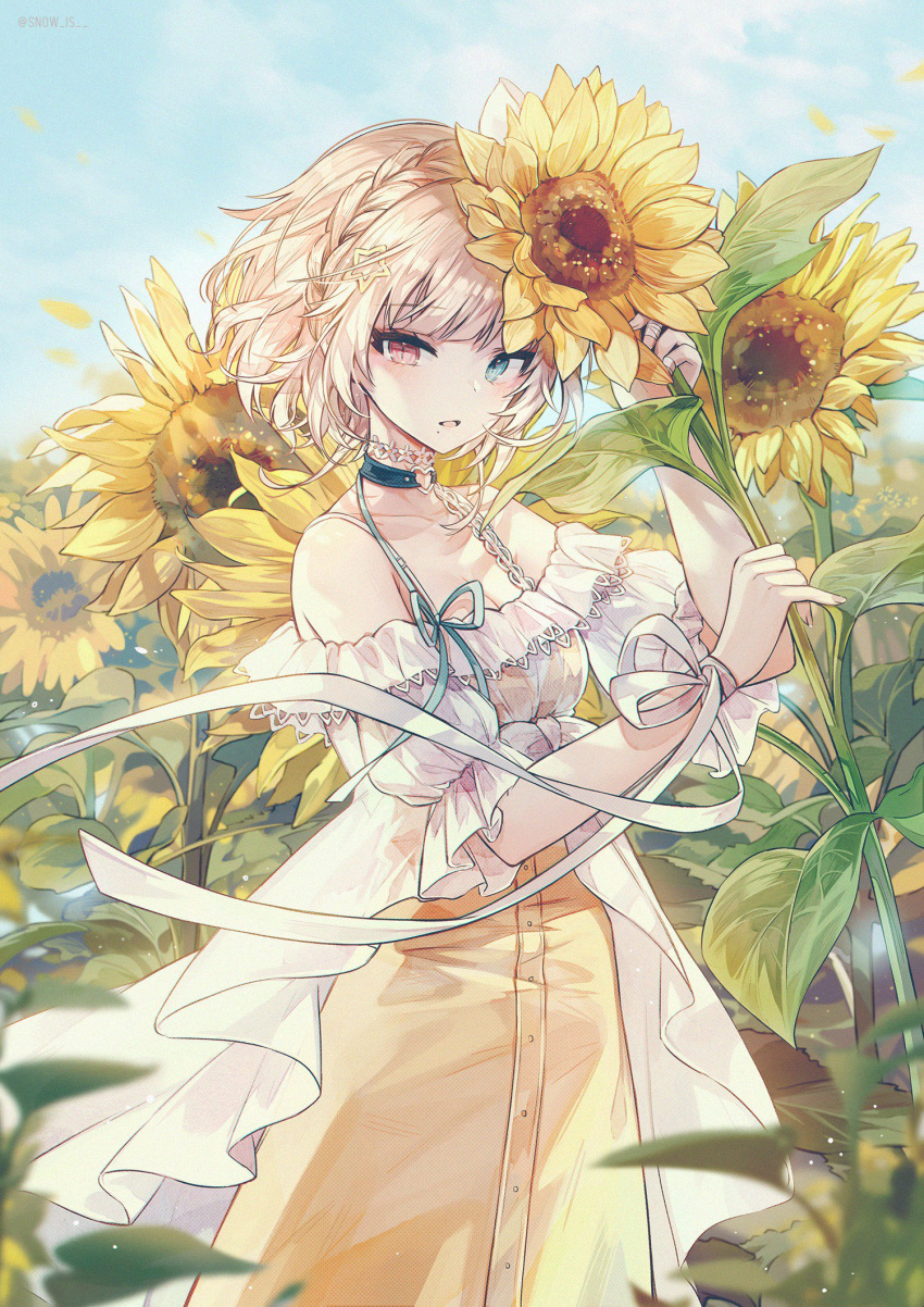 bandage bandaged_fingers bandages bangs blue_eyes blue_sky blush braid breasts choker cleavage clouds collarbone cowboy_shot day dress dust_particles eyebrows_visible_through_hair field floating_hair flower flower_choker flower_field french_braid hair_ornament heart heart_choker heterochromia highres holding holding_flower looking_at_viewer medium_breasts mole mole_under_mouth open_clothes open_dress open_mouth original outdoors petals red_eyes ribbon see-through short_hair sidelocks sky snow_is star star_hair_ornament sunflower twitter_username white_dress white_ribbon wind wind_lift wrist_ribbon yellow_dress