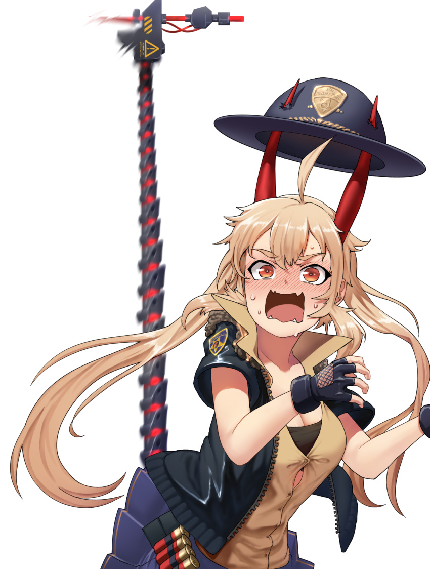 1girl ahoge blonde_hair blush breasts cleavage collared_shirt commentary_request eyebrows_visible_through_hair full-face_blush girls_frontline gloves highres horns horns_through_headwear korean_commentary long_hair m870_(girls_frontline) police_badge red_eyes sd_bigpie shirt shotgun_shells simple_background surprised sweat sweating_profusely thick_eyebrows very_long_tail white_background