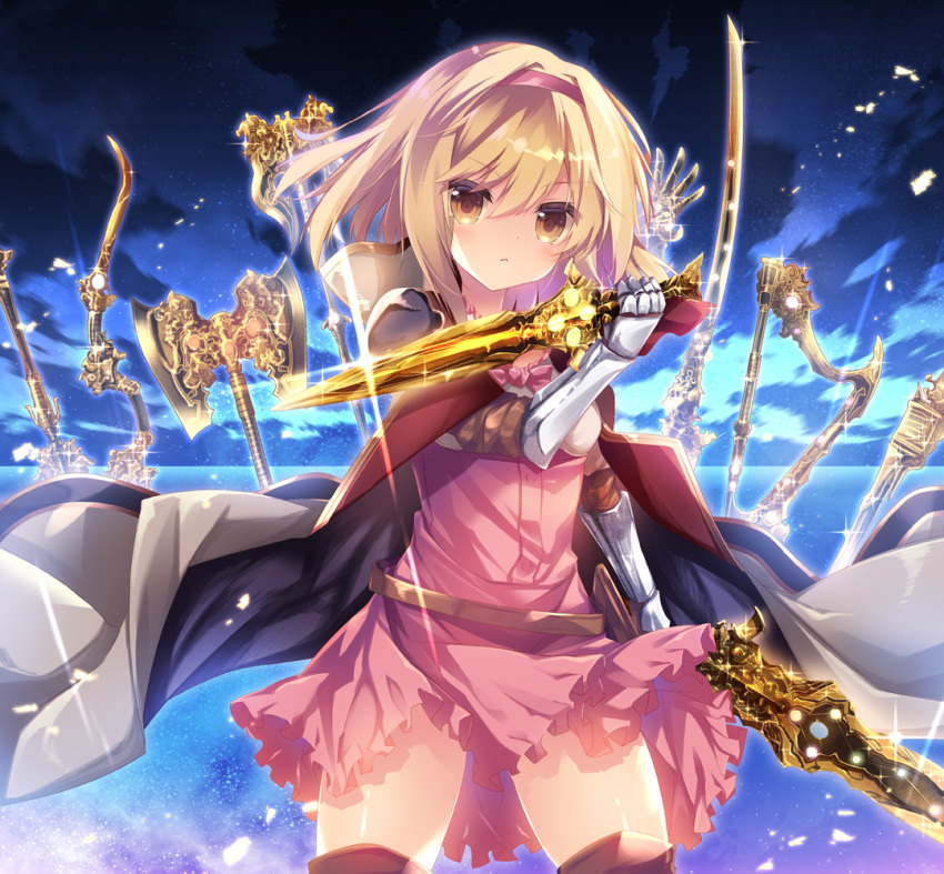 1girl :&lt; axe bangs battle_axe blue_sky blush bow_(weapon) brown_eyes cape closed_mouth clouds cloudy_sky commentary_request djeeta_(granblue_fantasy) dress dual_wielding eyebrows_visible_through_hair gauntlets granblue_fantasy hair_between_eyes hairband hand_up head_tilt holding holding_sword holding_weapon light_brown_hair long_hair looking_at_viewer mace nanamomo_rio night night_sky pink_dress red_hairband short_sword sky solo star star_(sky) starry_sky sword v-shaped_eyebrows weapon white_cape