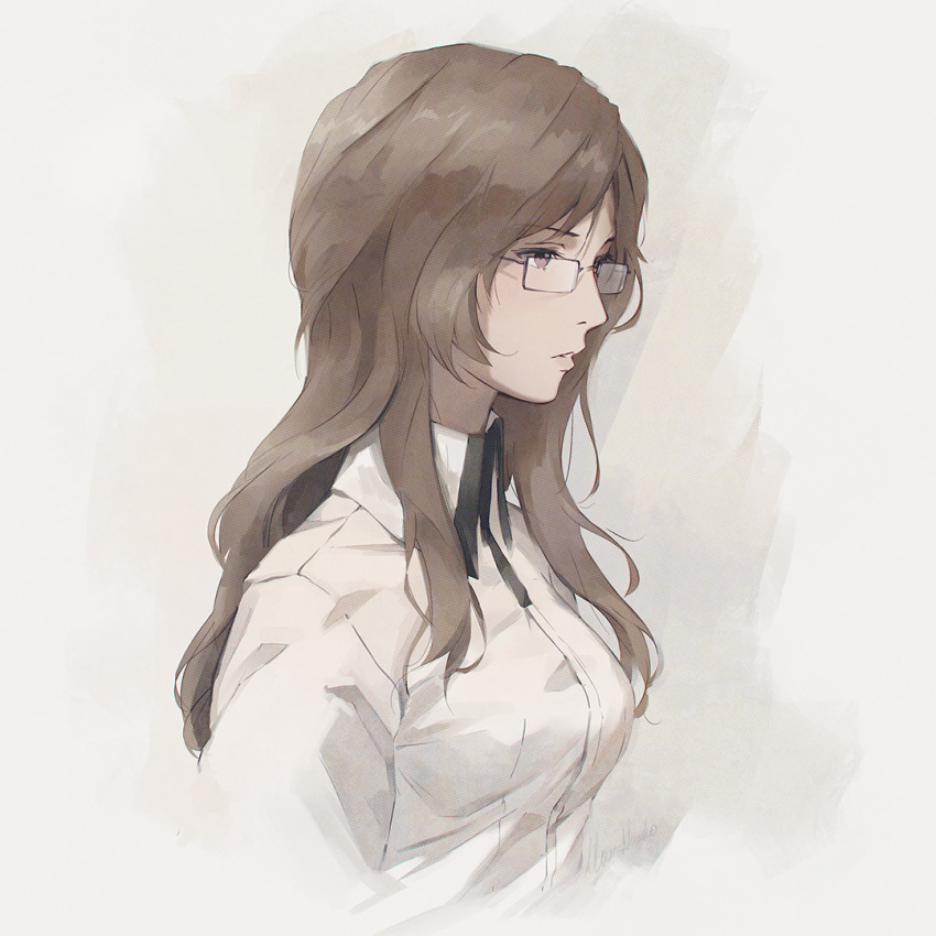 1girl brown_eyes brown_hair dress_shirt eyebrows_visible_through_hair glasses kiryuu_moeka long_hair miura-n315 parted_lips profile shirt simple_background solo steins;gate upper_body