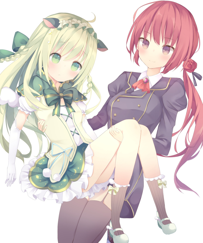 2girls :t absurdres ascot bad_id bad_pixiv_id bangs blush bow braid brown_eyes brown_jacket brown_legwear carrying closed_mouth commentary_request elbow_gloves eyebrows_visible_through_hair flower frilled_skirt frills garter_straps gloves green_bow green_eyes green_footwear green_hair green_skirt green_vest hair_between_eyes hair_bow hair_flower hair_ornament highres jacket juliet_sleeves long_hair long_sleeves mary_janes multiple_girls original pout princess_carry puffy_short_sleeves puffy_sleeves red_flower red_neckwear red_rose redhead ribbed_legwear rose shirt shoes short_sleeves simple_background skirt smile socks striped striped_bow thigh-highs tsuruse twin_braids very_long_hair vest white_background white_gloves white_shirt