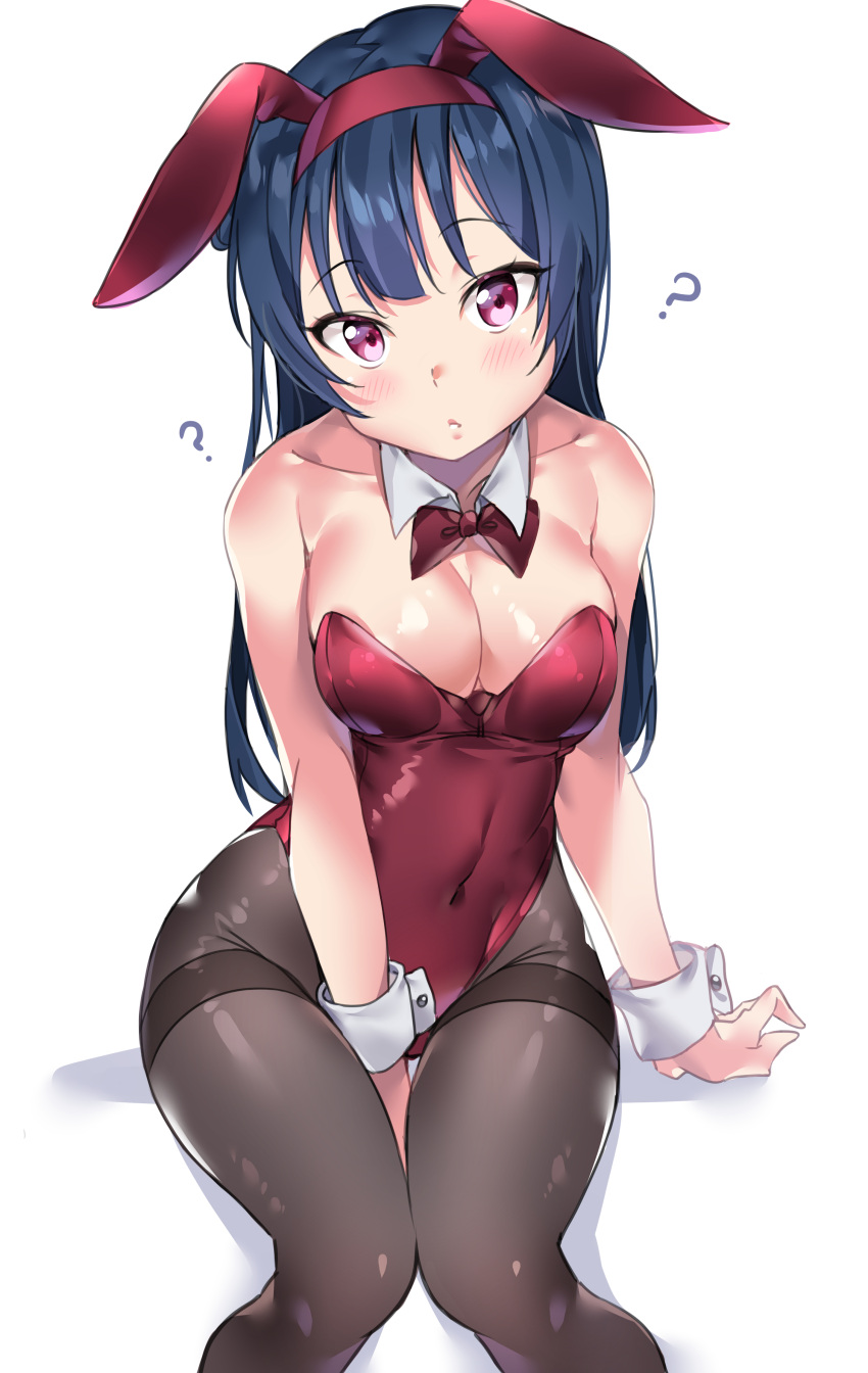 1girl ? absurdres animal_ears black_legwear blue_hair blush bow bowtie breasts bunny_tail bunnysuit detached_collar head_tilt highres leotard long_hair looking_at_viewer love_live! love_live!_sunshine!! medium_breasts pantyhose rabbit_ears red_eyes red_leotard red_neckwear side_bun simple_background sitting solo strapless strapless_leotard tail tem10 thighband_pantyhose tsushima_yoshiko white_background wrist_cuffs