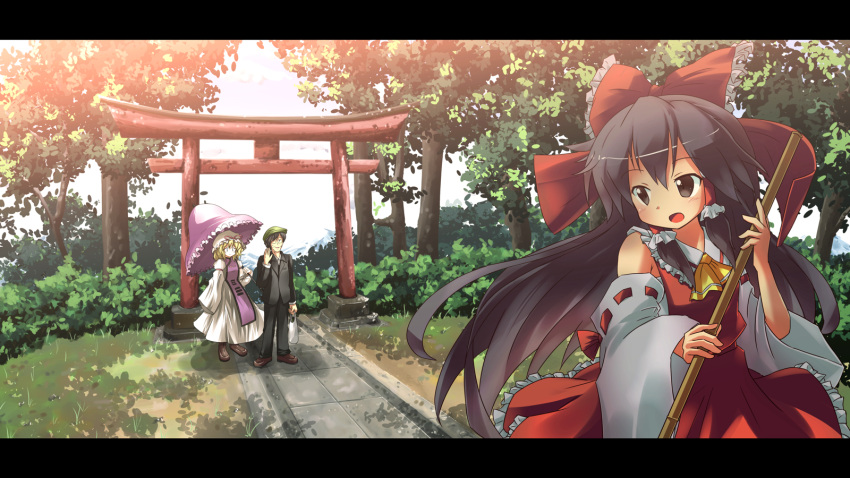 1boy 2girls ascot black_hair blush detached_sleeves glasses hair_ribbon hair_tubes hakurei_reimu hat hat_ribbon highres letterboxed long_hair multiple_girls open_mouth revision ribbon ryogo scenery torii touhou umbrella yakumo_yukari zun