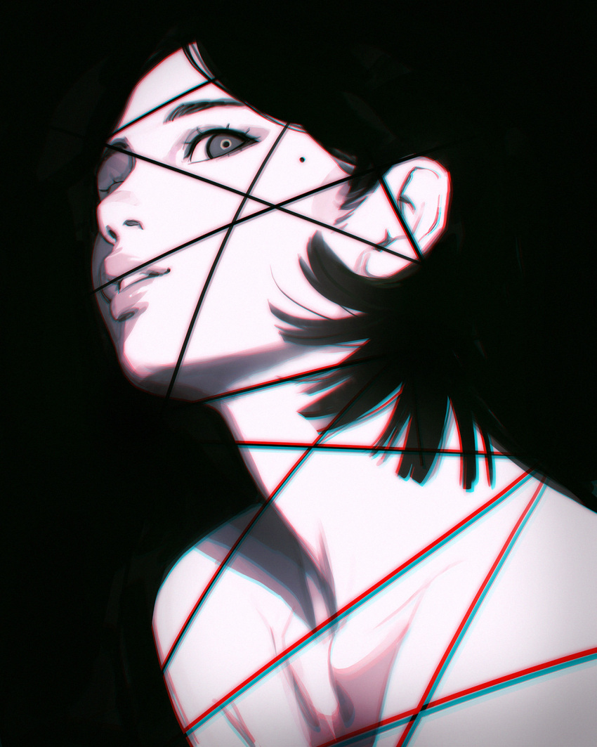 1girl black_background black_eyes black_hair greyscale highres ilya_kuvshinov lips looking_at_viewer mole mole_under_eye monochrome nude original out-of-frame_censoring parted_lips short_hair solo