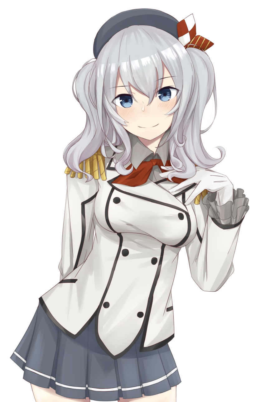1girl absurdres beret black_hat blue_eyes breasts buttons cowboy_shot epaulettes gloves grey_skirt hat highres jacket kantai_collection kashima_(kantai_collection) kumanoko large_breasts long_sleeves looking_at_viewer military_jacket neckerchief pleated_skirt red_neckwear sidelocks silver_hair simple_background skirt smile solo twintails wavy_hair white_background white_gloves white_jacket