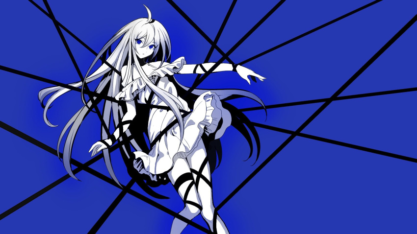 1girl ahoge bare_shoulders blue blue_background blue_eyes copyright_request dress entangled eyebrows_visible_through_hair feet_out_of_frame floating_hair hair_between_eyes highres long_hair looking_at_viewer maruchi monochrome outstretched_arms parted_lips short_dress simple_background sleeveless sleeveless_dress solo spread_arms standing very_long_hair