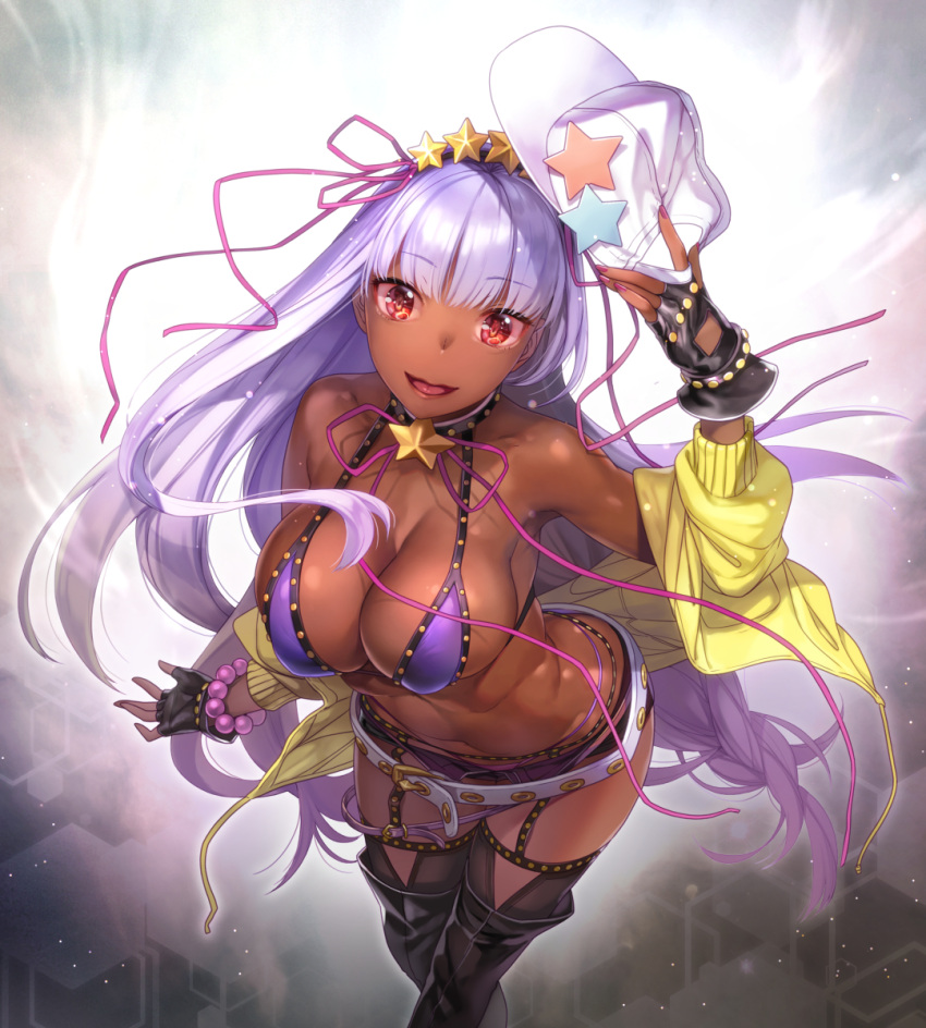 1girl bb_(fate)_(all) bb_(swimsuit_mooncancer)_(fate) belt bikini breasts choker cleavage commentary_request fate/grand_order fate_(series) fingerless_gloves garter_belt gloves gold_trim gyaru hair_ornament hat highres holding holding_hat jacket jewelry large_breasts lips long_hair looking_at_viewer loose_belt nekomata_naomi open_mouth purple_bikini purple_hair red_eyes short_shorts shorts solo star star_choker star_hair_ornament swimsuit tan thigh-highs very_long_hair