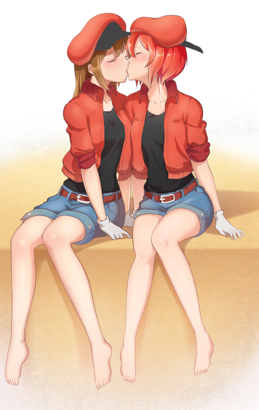 2girls aa-5100 ae-3803 backwards_hat bare_legs barefoot black_shirt blush breasts brown_hair cabbie_hat closed_eyes collarbone couple denim denim_shorts full_body gloves hat hataraku_saibou highres jacket kiss long_hair medium_breasts multiple_girls red_blood_cell_(hataraku_saibou) red_hat red_jacket redhead shirt short_hair short_shorts short_sleeves shorts sitting t-shirt white_gloves xia_siren yuri