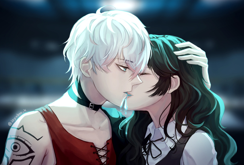 androgynous artist_name black_hair blue_eyes blurry blurry_background closed_eyes commission hand_on_another's_head kiss long_hair looking_at_another original profile soyubee tattoo twitter_username upper_body white_hair