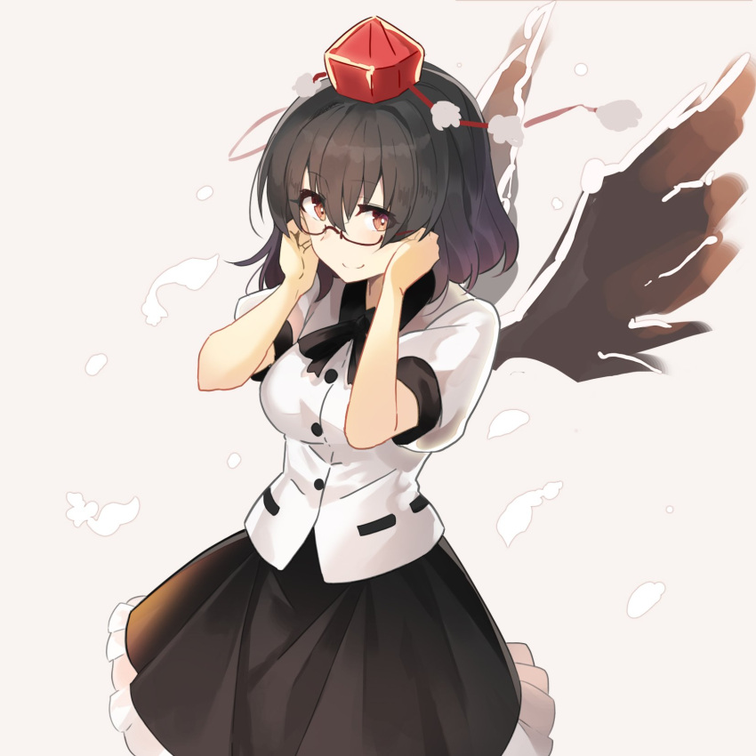 1girl bangs beige_background bespectacled black_hair black_neckwear black_ribbon black_skirt black_wings blush breasts commentary_request cowboy_shot eyebrows_visible_through_hair feathered_wings glasses hands_up hat highres looking_at_viewer medium_breasts neck_ribbon petticoat pom_pom_(clothes) puffy_short_sleeves puffy_sleeves red-framed_eyewear red_eyes ribbon rin_falcon shameimaru_aya shirt short_sleeves simple_background skirt smile solo tassel tokin_hat touhou white_shirt wings