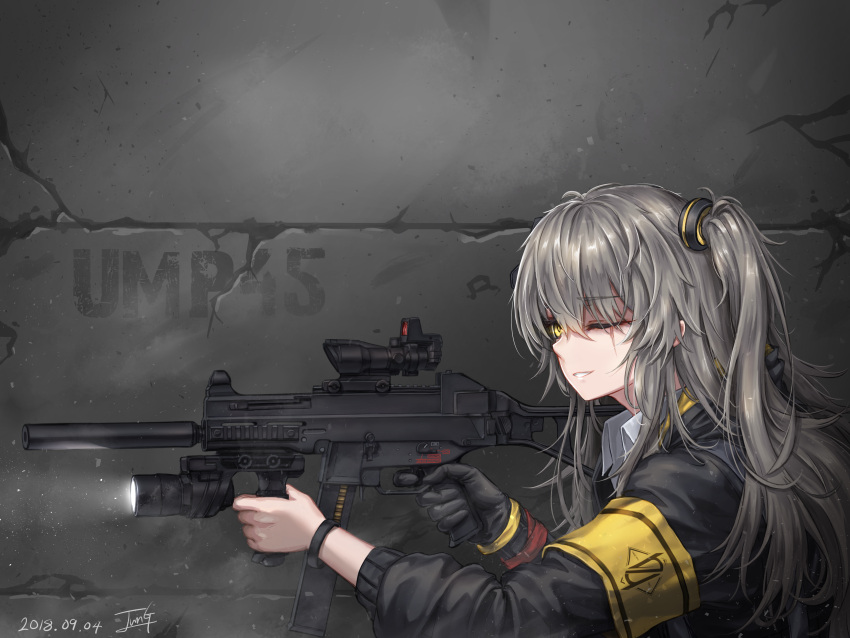 1girl absurdres aiming arm_ribbon armband baek_hyang bangs bird character_name collared_shirt dated eyebrows_visible_through_hair floating_hair from_side girls_frontline gloves grey_hair gun h&amp;k_ump h&amp;k_ump45 hair_between_eyes hair_ornament headgear heckler_&amp;_koch highres holding holding_gun holding_weapon hood hood_down hooded_jacket jacket light long_hair looking_afar mod3_(girls_frontline) necktie one_side_up open_clothes open_jacket open_mouth outdoors parted_lips prosthesis prosthetic_arm ribbon shirt signature submachine_gun ump45_(girls_frontline) weapon white_shirt yellow_eyes yellow_neckwear