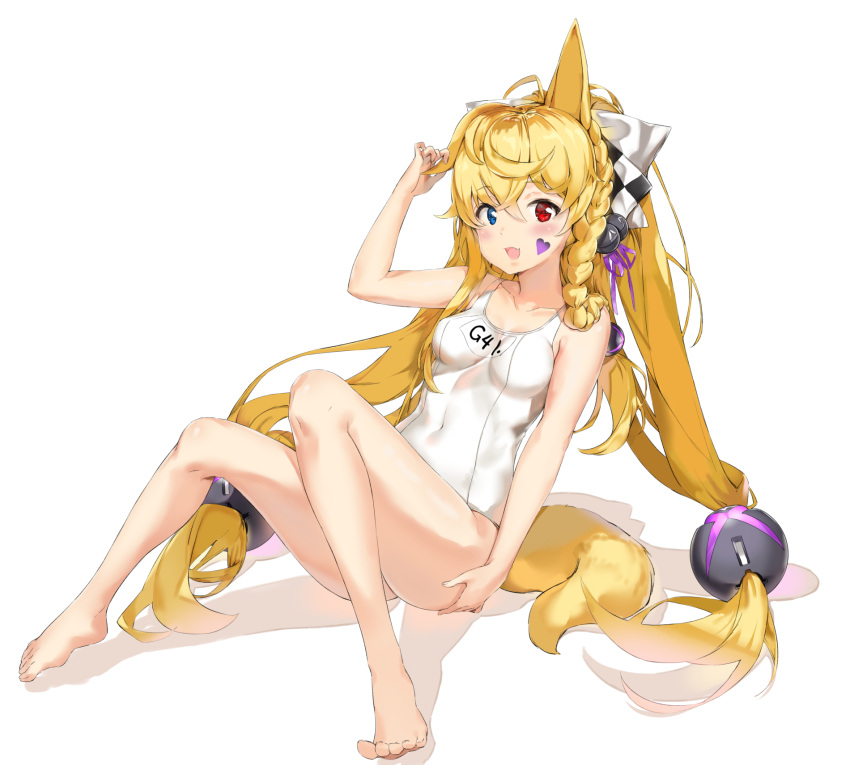1girl animal_ears blonde_hair braid collarbone eyebrows_visible_through_hair fox_tail g41_(girls_frontline) girls_frontline hair_ornament hair_ribbon heterochromia highres leaning_back long_hair looking_at_viewer pixel_(yuxian) ribbon school_swimsuit simple_background sitting sticker swimsuit tail two_side_up white_background white_school_swimsuit white_swimsuit