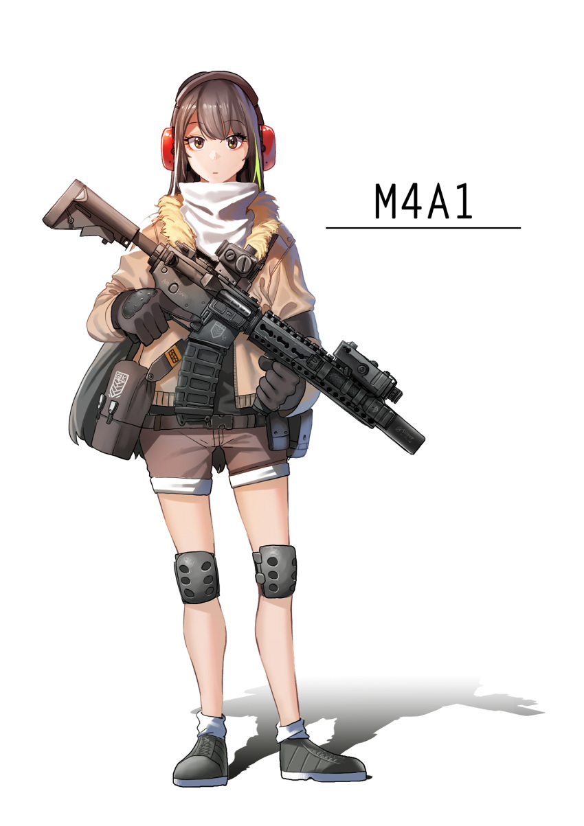 1girl assault_rifle character_name commentary ear_protection fur_collar girls_frontline gloves gun headphones highres ihobus jacket knee_pads korean_commentary looking_at_viewer m4_carbine m4a1_(girls_frontline) rifle shadow shoes shorts solo standing weapon