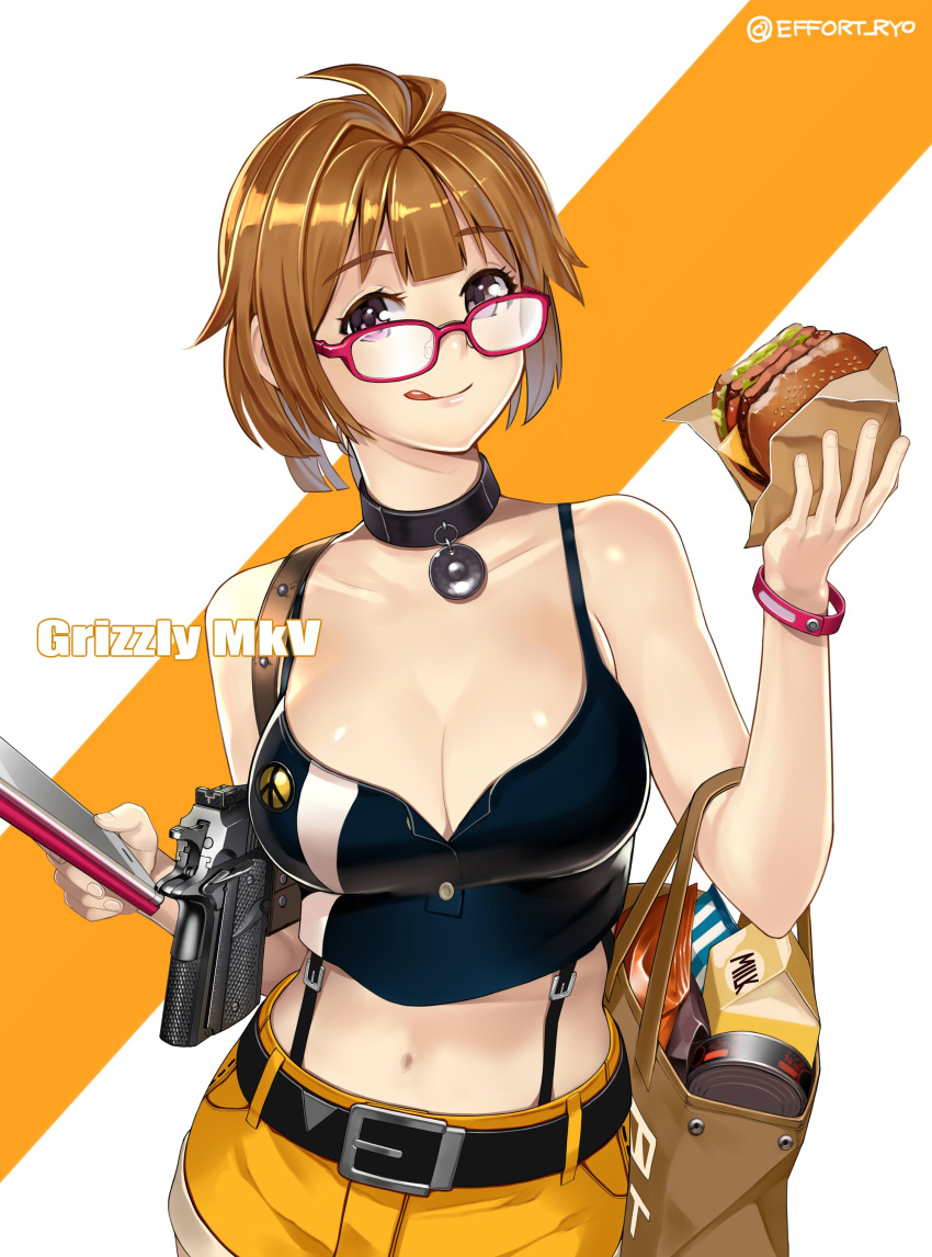 1girl absurdres alternate_costume bag belt bracelet breasts brown_hair buttons cellphone character_name choker cleavage collarbone commentary_request eyebrows_visible_through_hair fingernails food girls_frontline glasses grizzly_mkv grizzly_mkv_(girls_frontline) gun hamburger handgun highres holding holster holstered_weapon jewelry lips looking_at_viewer midriff navel phone pins ryou_(effort) shiny shiny_hair shiny_skin short_hair shorts sidelocks simple_background tank_top tongue tongue_out twitter_username violet_eyes watch watch weapon