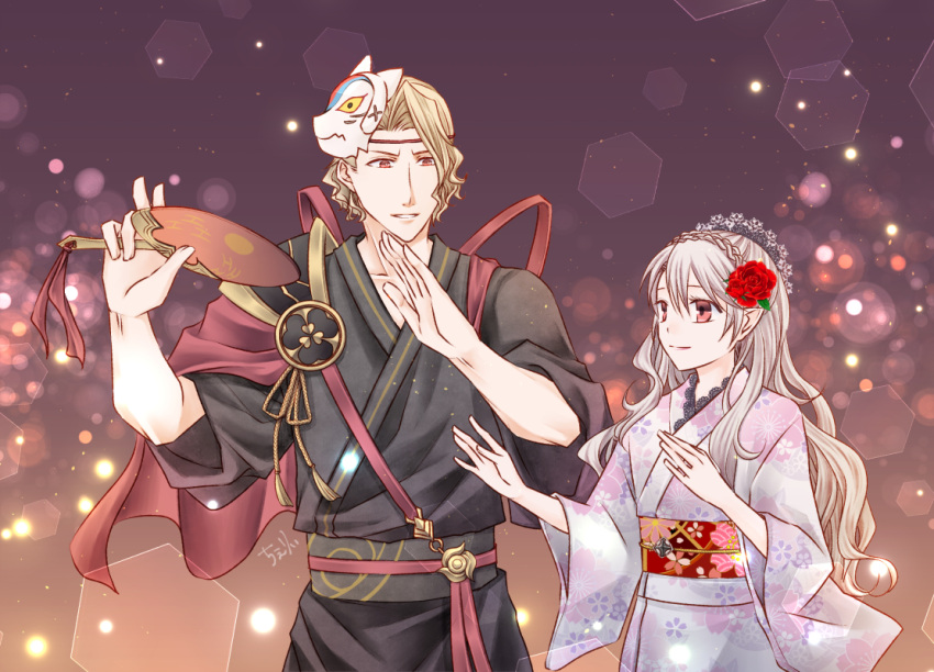 1boy 1girl cheryi dancing fan female_my_unit_(fire_emblem_if) fire_emblem fire_emblem_heroes fire_emblem_if flower hair_flower hair_ornament holding japanese_clothes kimono lilith_(fire_emblem_if) marks_(fire_emblem_if) my_unit_(fire_emblem_if) nintendo pointy_ears red_eyes rose smile white_hair