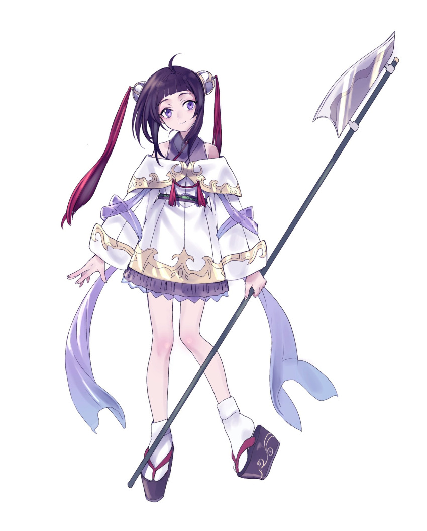 1girl ahoge bangs bare_shoulders black_hair blunt_bangs closed_mouth commentary_request full_body glaive hair_ornament highres holding holding_weapon long_sleeves looking_at_viewer maruchi platform_footwear sandals simple_background smile solo standing standing_on_one_leg tabi violet_eyes weapon white_background white_legwear