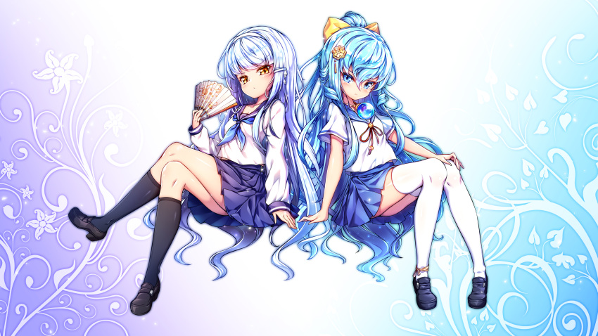 2girls back-to-back black_legwear blue_eyes blue_hair blue_skirt brown_eyes fan folding_fan gem hair_ornament hairband hairclip highres kneehighs legs_crossed long_hair multiple_girls original ponytail poseich ribbon school_uniform serafuku shirt shoes sitting skirt thigh-highs unleashed very_long_hair white_legwear white_shirt