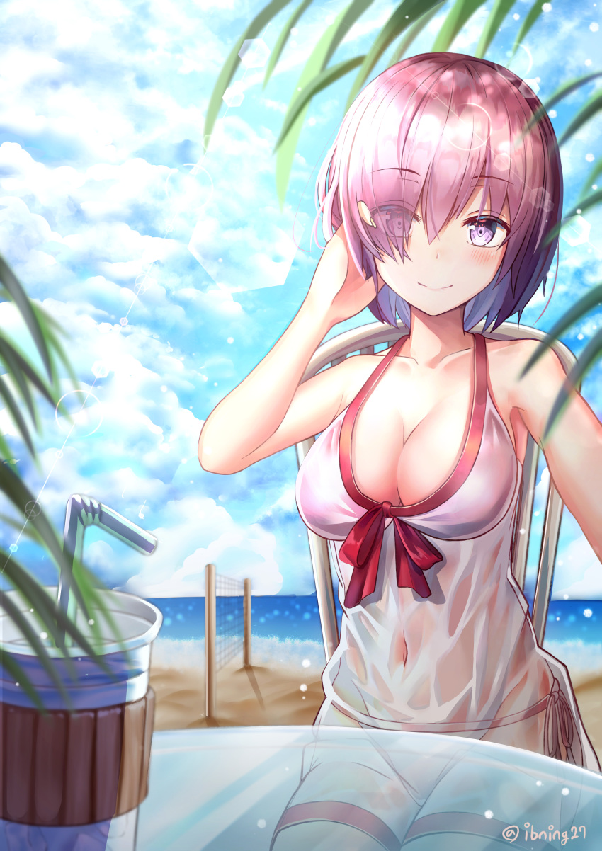 1girl absurdres bangs bare_shoulders beach bikini blurry blush bokeh breasts chair cleavage closed_mouth clouds cloudy_sky collarbone covered_navel cup day depth_of_field drinking_straw eyebrows_visible_through_hair eyes_visible_through_hair fate/grand_order fate_(series) fingernails hair_between_eyes hair_over_one_eye hand_in_hair hand_up highres horizon huge_filesize ibning27 large_breasts leaf lens_flare light_particles looking_at_viewer mash_kyrielight ocean purple_hair red_ribbon ribbon see-through shore short_hair sitting sky smile solo swimsuit table twitter_username violet_eyes volleyball_net white_bikini_bottom