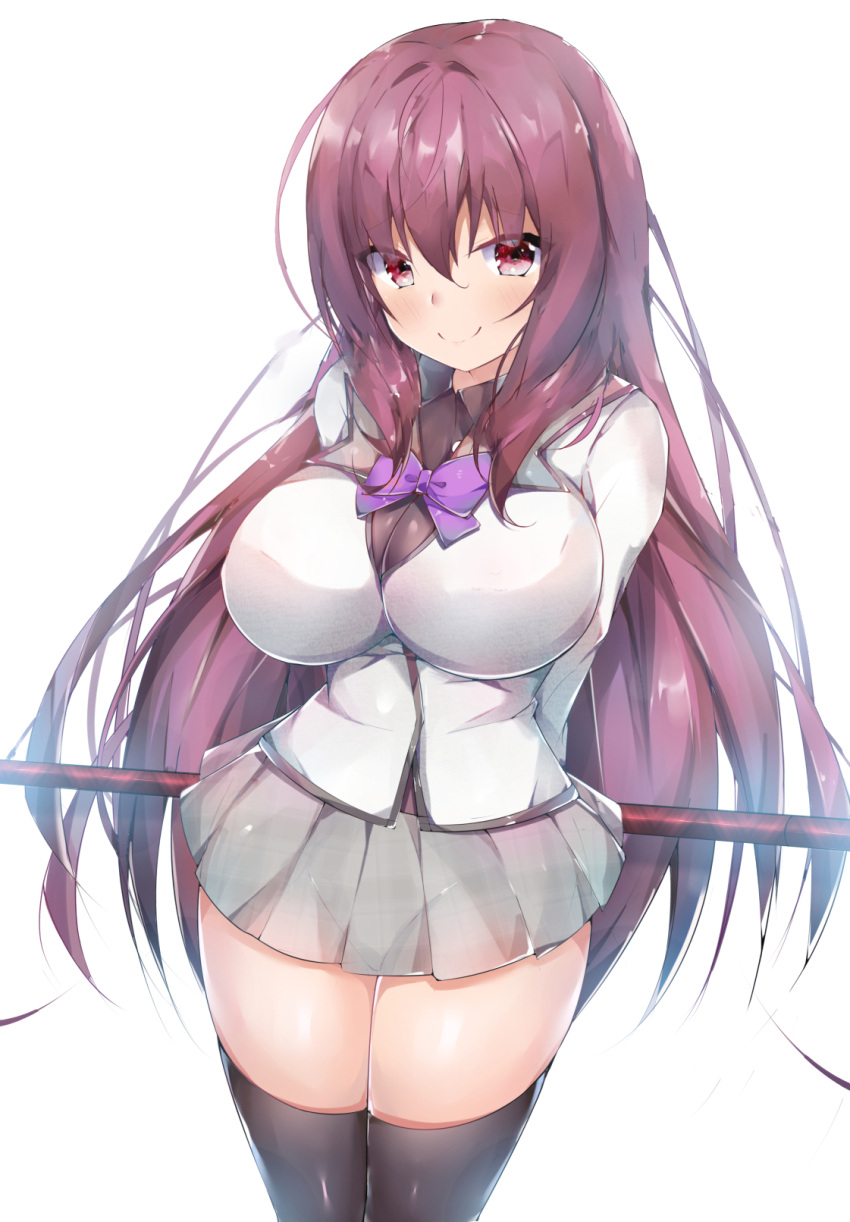 1girl black_skirt blush breasts commentary_request fate/grand_order fate_(series) gae_bolg highres large_breasts long_hair long_sleeves looking_at_viewer pleated_skirt polearm purple_hair red_eyes scathach_(fate)_(all) scathach_(fate/grand_order) school_uniform skirt smile spear thigh-highs twiska_(doubitian) weapon