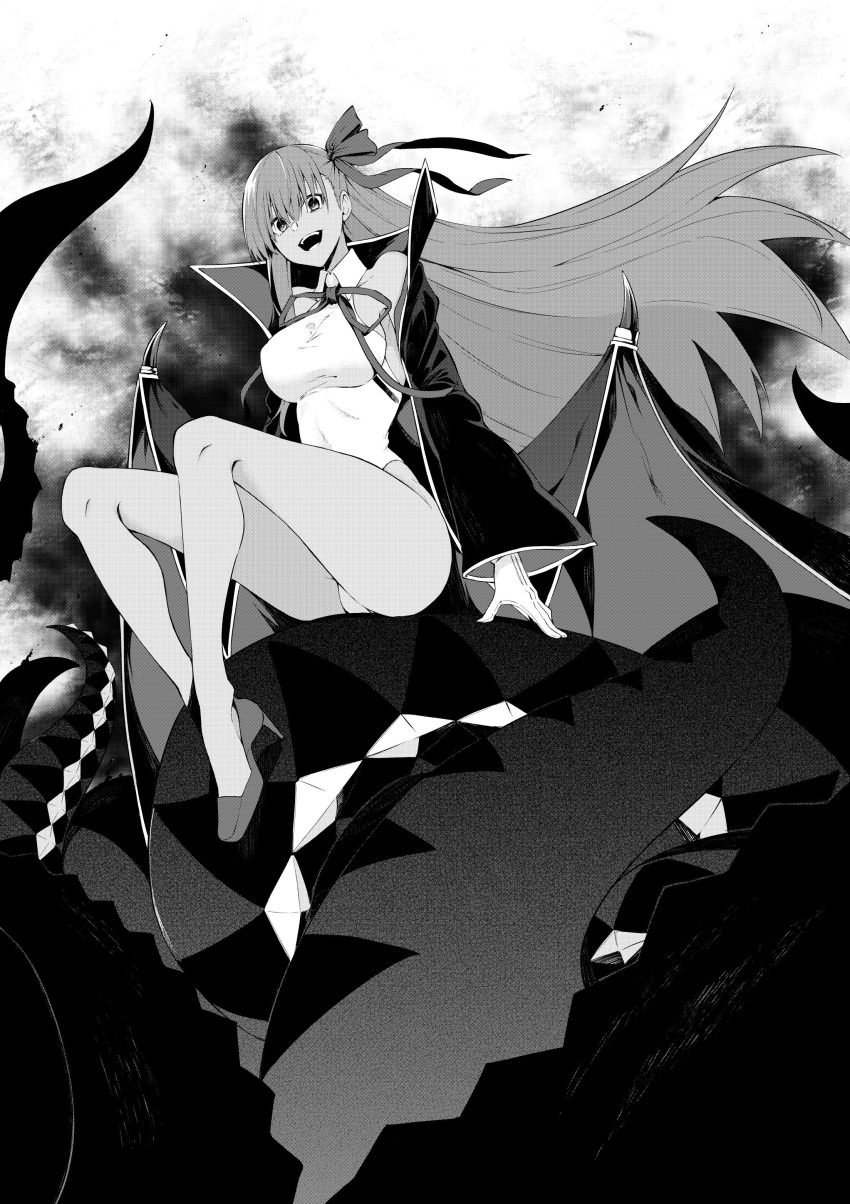 1girl absurdres bb_(fate)_(all) bb_(swimsuit_mooncancer)_(fate) black_coat fate/grand_order fate_(series) gloves high_heels highres leotard monochrome open_mouth popped_collar red_ribbon ribbon sitting tentacle tsukamoto_minori white_gloves white_leotard