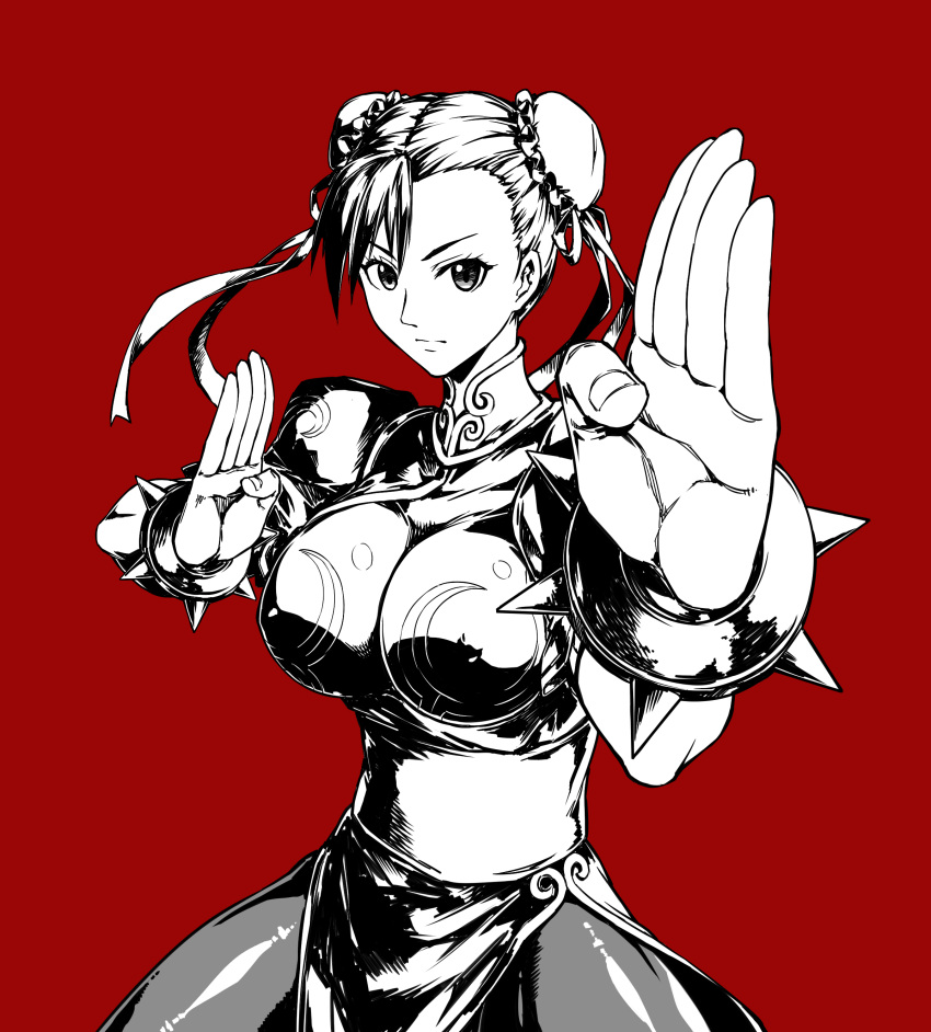 1girl a4typhoon absurdres bracelet breasts bun_cover capcom china_dress chinese_clothes chun-li commentary_request cowboy_shot double_bun dress fighting_stance hair_ribbon hands_up highres jewelry kung_fu medium_breasts monochrome nose pantyhose pelvic_curtain red red_background ribbon sash short_hair short_sleeves solo spiked_bracelet spikes standing street_fighter