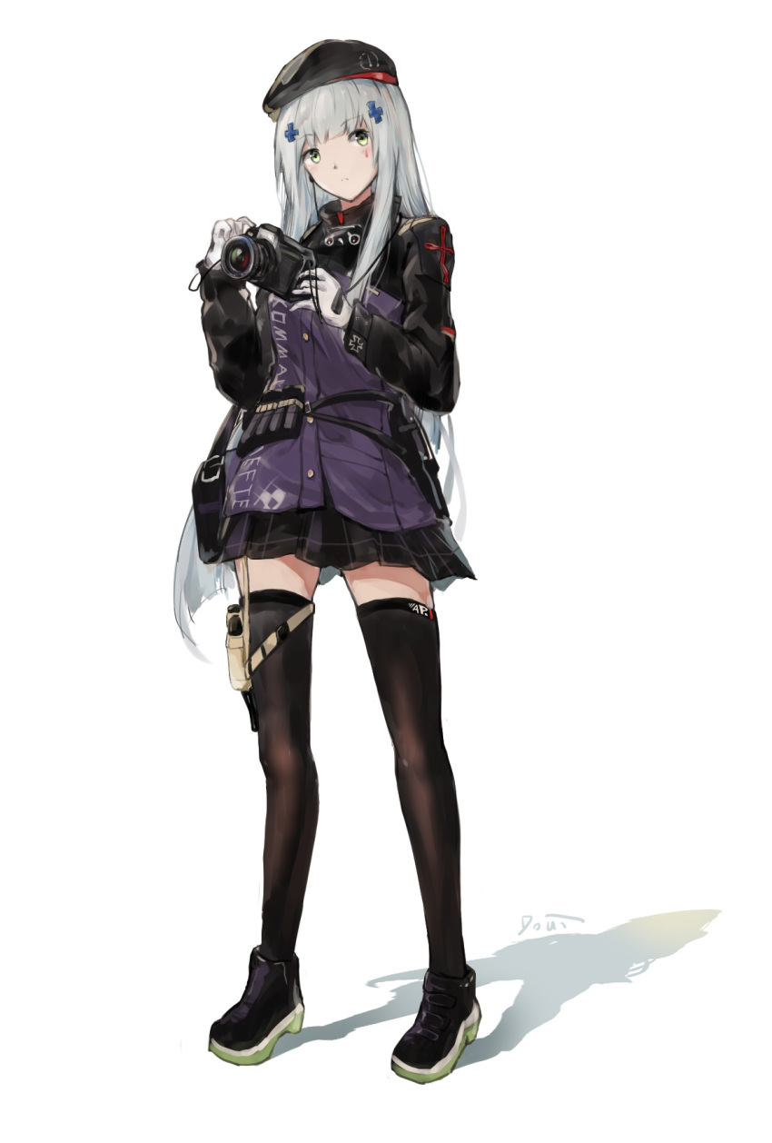 1girl belt beret camera commentary doui facial_tattoo full_body girls_frontline gloves green_eyes gun hat highres hk416_(girls_frontline) jacket long_hair long_sleeves miniskirt pleated_skirt rifle silver_hair simple_background skirt solo standing tattoo thigh-highs very_long_hair weapon white_background white_gloves zettai_ryouiki