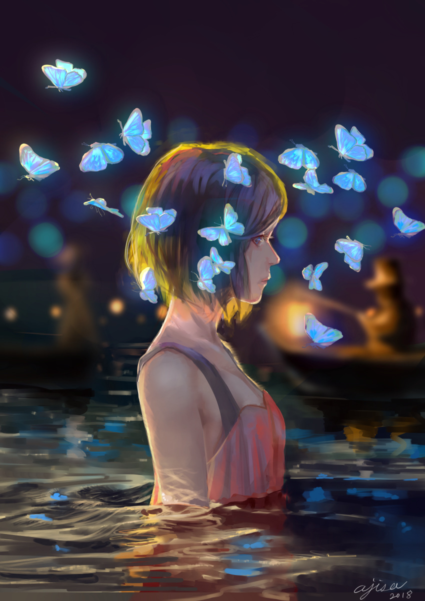 1girl absurdres ajisa artist_name backlighting blurry blurry_background bokeh bug butterfly caustics commentary_request dated depth_of_field highres insect looking_at_viewer looking_to_the_side original partially_submerged purple_hair short_hair signature sketch solo violet_eyes water