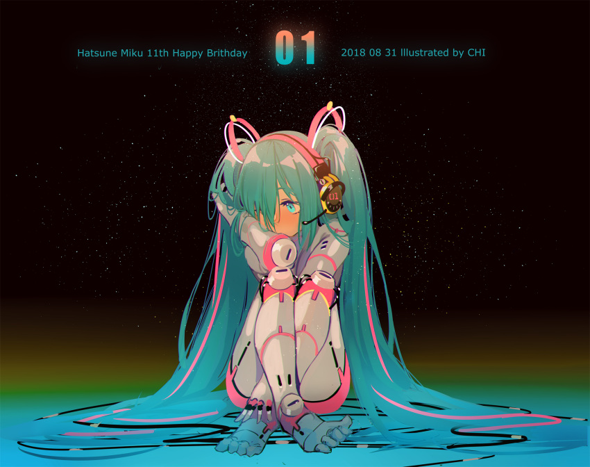 1girl android arm_up bangs blue_eyes blush character_name commentary crossed_ankles english_commentary eyebrows_visible_through_hair green_hair hair_ornament hair_over_one_eye happy_birthday hatsune_miku headphones headset highres long_hair looking_away looking_to_the_side night night_sky sitting sky solo star_(sky) starry_sky twintails very_long_hair vocaloid xiao_chichi