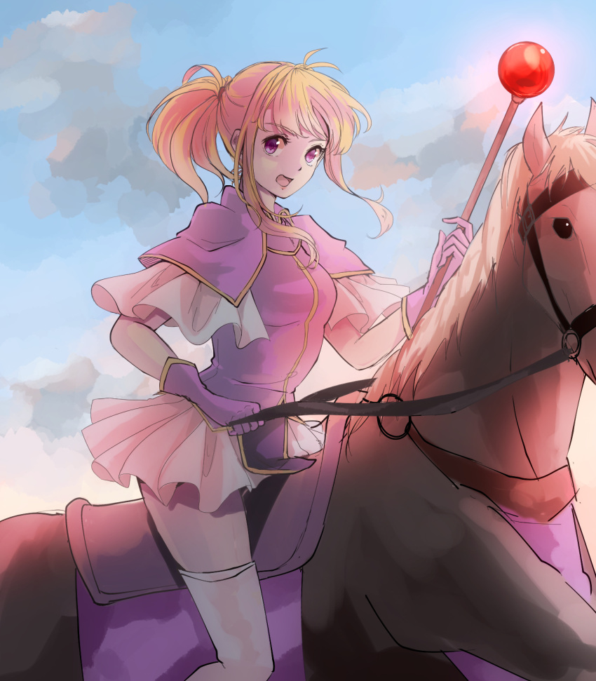 1girl blonde_hair breasts capelet chikefu clarine clouds cloudy_sky fire_emblem fire_emblem:_fuuin_no_tsurugi frilled_skirt frills gloves highres horse horseback_riding looking_at_viewer medium_breasts miniskirt nintendo open_mouth ponytail purple_gloves reins riding shirt short_hair skirt sky solo staff thigh-highs violet_eyes white_legwear white_skirt