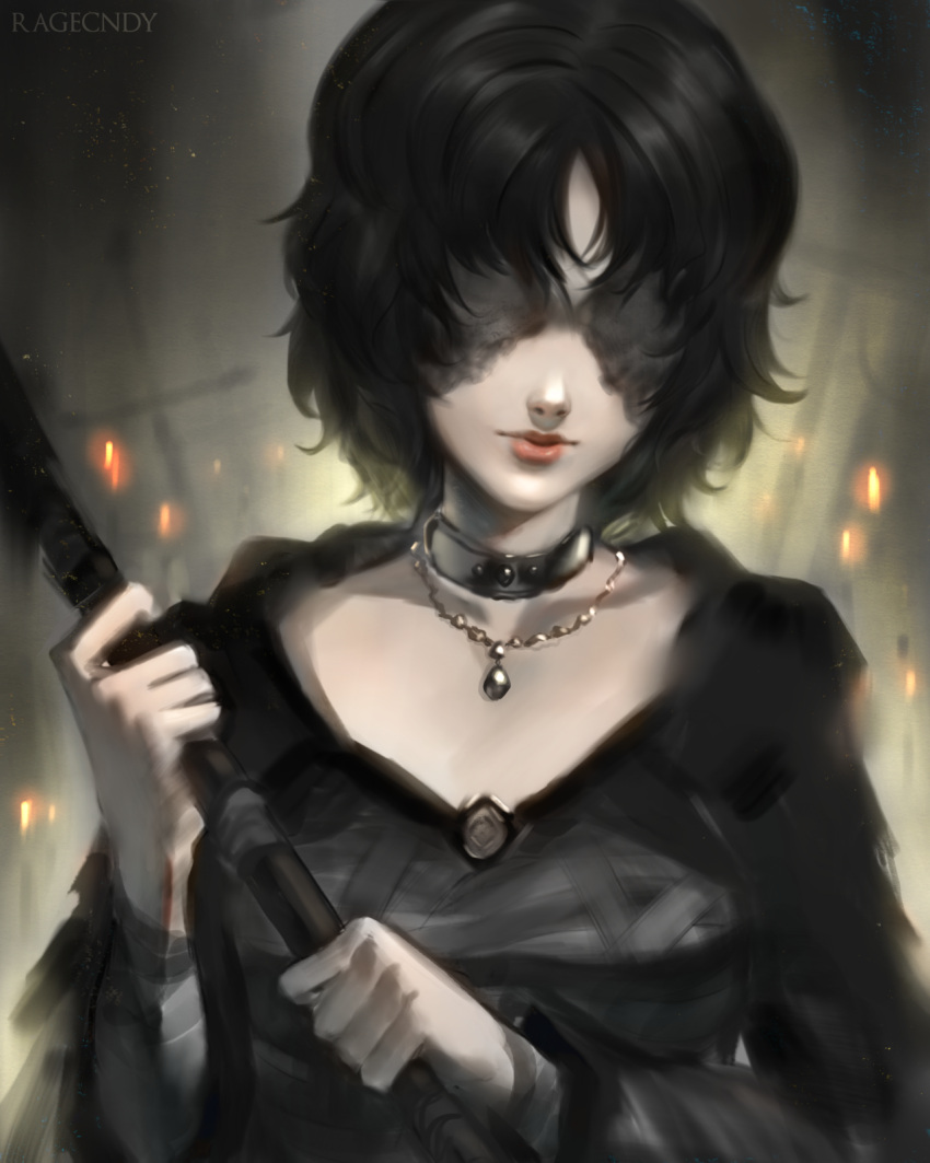 1girl bandage black_dress black_hair choker commentary demon's_souls dress english_commentary highres jewelry lips maiden_in_black necklace no_eyes nose pale_skin ragecndy short_hair solo souls_(from_software) staff upper_body