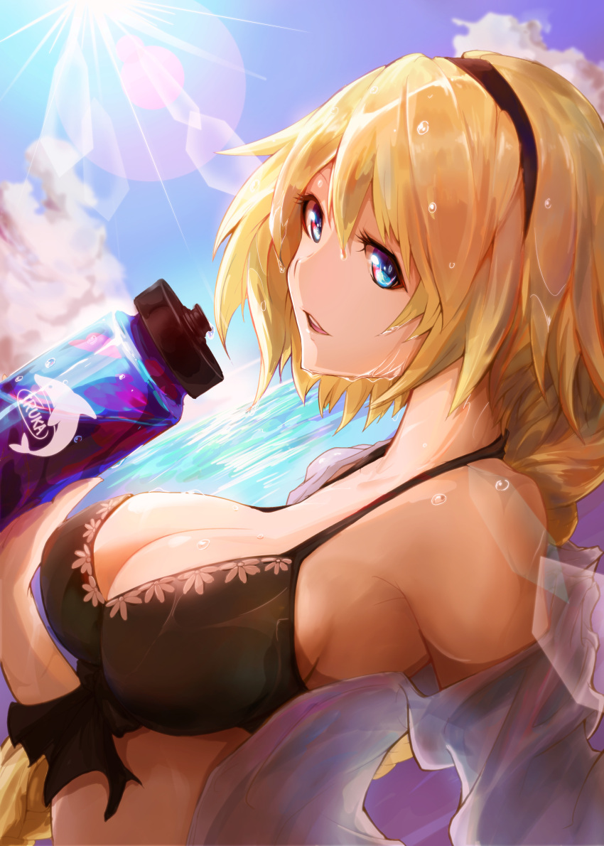 1girl absurdres bikini_top black_bikini_top black_hairband blonde_hair blue_eyes blue_sky bottle braid breasts clouds commentary_request day fate/grand_order fate_(series) hairband highres jeanne_d'arc_(fate)_(all) jeanne_d'arc_(swimsuit_archer) jientomu large_breasts long_hair looking_at_viewer ocean single_braid sky smile solo sun sunlight swimsuit upper_body water wet