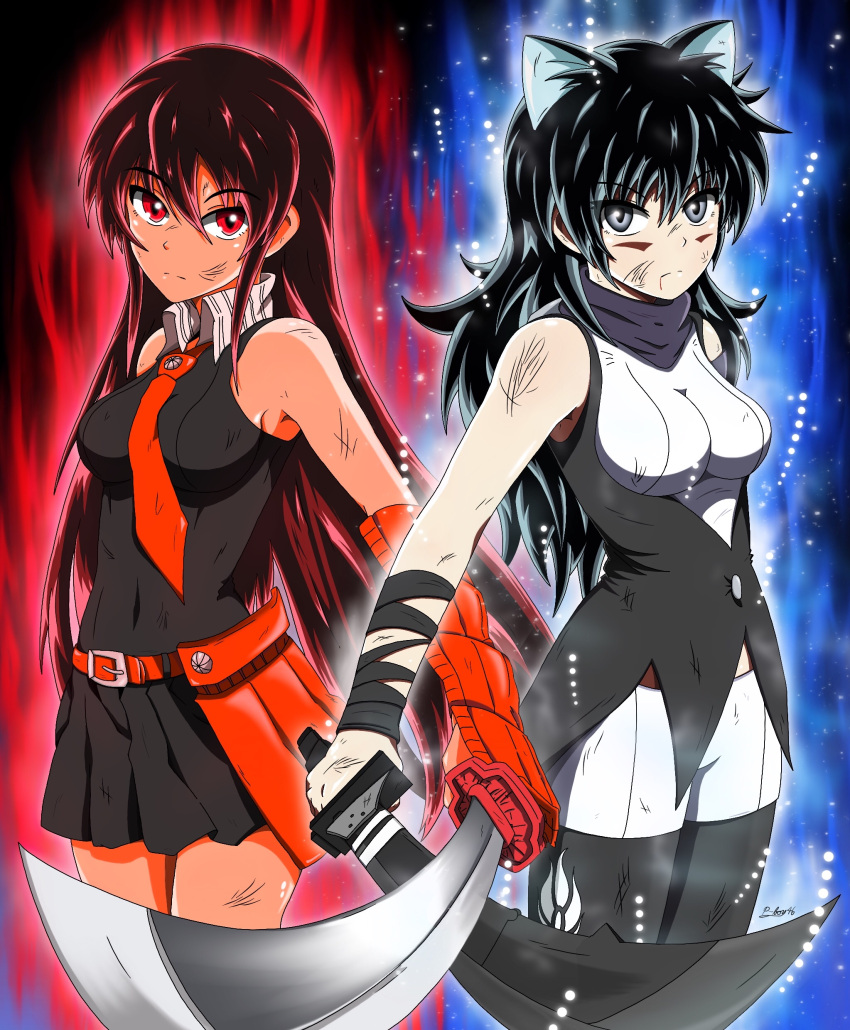 2girls absurdres akame akame_ga_kill! animal_ears arm_ribbon aura bangs bare_shoulders belt black_background black_footwear black_hair black_legwear black_scarf blake_belladonna bow breasts cat_ears cleaver coattails commentary crossover detached_sleeve dragon_ball dragon_ball_super dragonball_z english_commentary eyebrows_visible_through_hair flower gambol_shroud garter_straps gloves grey_eyes gun hair_between_eyes hair_bow handgun high_heels highres holding holding_sword holding_weapon kaio_ken kama_(weapon) katana kusarigama legwear_under_shorts long_hair look-alike looking_at_viewer midriff multiple_girls necktie pantyhose pistol red_eyes reyfearspsychosis ribbon rwby scarf shirt shorts sickle skirt sleeveless sleeveless_shirt sword trait_connection ultra_instinct vambraces very_long_hair vest weapon