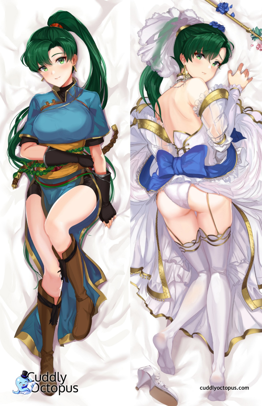 1girl ass bangs bare_shoulders bed_sheet blush boots breasts brown_footwear closed_mouth commentary_request dakimakura dress earrings eyebrows_visible_through_hair fingerless_gloves fire_emblem fire_emblem:_rekka_no_ken fire_emblem_heroes full_body garter_straps gloves green_eyes green_hair high_heels highres jewelry knee_boots large_breasts lips logo long_hair looking_at_viewer lying lyndis_(fire_emblem) nintendo on_back on_stomach ormille panties pelvic_curtain petals ponytail short_sleeves shorts smile underwear wedding_dress white_dress white_legwear