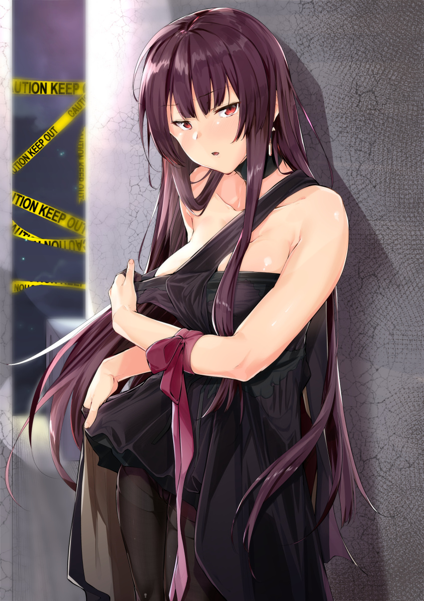 1girl absurdres alternate_costume alternate_hairstyle armpit_crease bangs bare_shoulders black_dress black_gloves black_legwear blush breasts caution_tape choker cleavage collarbone cowboy_shot dress dress_lift dress_tug earrings eyebrows_visible_through_hair girls_frontline gloves half_gloves highres indoors jewelry lifted_by_self long_hair looking_at_viewer medium_breasts open_mouth pantyhose pink_ribbon purple_hair red_eyes ribbon sidelocks single_strap solo standing thighband_pantyhose uno_ryoku very_long_hair wa2000_(girls_frontline) wrist_ribbon
