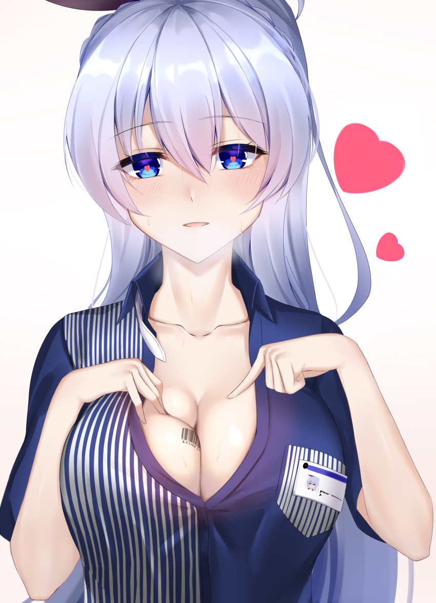 1girl absurdres azur_lane bangs barcode_tattoo blue_eyes blue_shirt blush braid breasts character_name cleavage collarbone collared_shirt employee_uniform eternity_(pixiv8012826) eyebrows_visible_through_hair flying_heart french_braid gradient gradient_background hair_between_eyes hair_ribbon hand_on_own_chest heart heart-shaped_pupils highres large_breasts lavender_hair lawson long_hair looking_at_viewer name_tag open_mouth pointing pointing_at_self ribbon rodney_(azur_lane) shirt sidelocks simple_background smile solo sweat symbol-shaped_pupils tattoo uniform upper_body very_long_hair