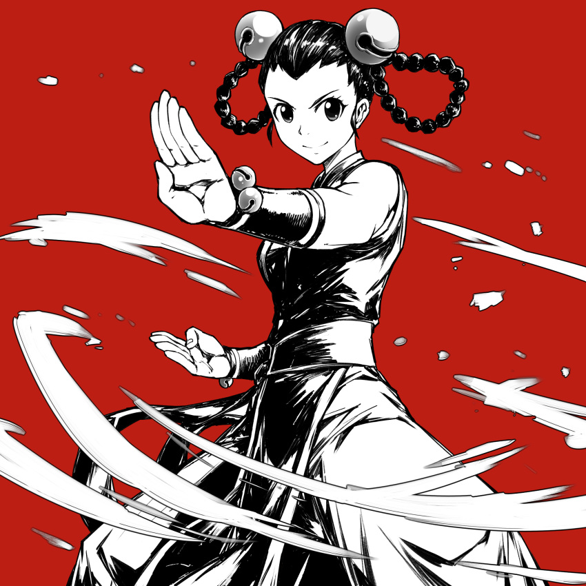 1girl a4typhoon baggy_pants bare_shoulders bell black_hair braid china_dress chinese_clothes commentary_request cowboy_shot dress fatal_fury fighting_stance forehead hair_bell hair_ornament hair_rings highres kung_fu li_xiangfei long_hair monochrome pants pelvic_curtain red red_background sash smile solo standing the_king_of_fighters the_king_of_fighters_2001 twin_braids vambraces