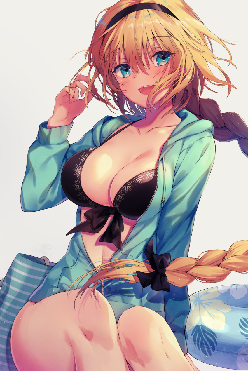 1girl :d bangs bikini black_bikini black_bow black_hairband blonde_hair blue_eyes blue_innertube blue_jacket blush bow braid breasts cleavage collarbone commentary_request eyebrows_visible_through_hair fate/apocrypha fate/grand_order fate_(series) fingernails grey_background hair_between_eyes hair_bow hairband hand_up head_tilt highres hood hood_down hooded_jacket innertube jacket jeanne_d'arc_(fate)_(all) jeanne_d'arc_(swimsuit_archer) kuro_futoshi large_breasts long_hair long_sleeves looking_at_viewer open_clothes open_jacket open_mouth round_teeth simple_background single_braid smile solo swimsuit teeth transparent upper_teeth very_long_hair
