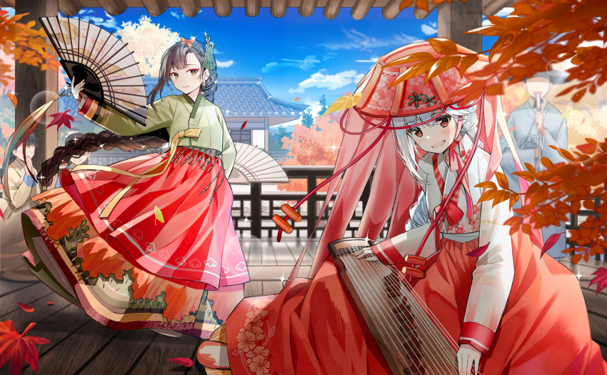 2boys 3girls architecture autumn_leaves blue_sky braid brown_eyes brown_hair clouds day east_asian_architecture eyebrows_visible_through_hair faceless faceless_male fan fang hairband hat highres instrument japanese_clothes koto_(instrument) long_hair looking_at_viewer multiple_boys multiple_girls official_art open_mouth ponytail popuru red_eyes silver_hair sky standing tasty_saga wind