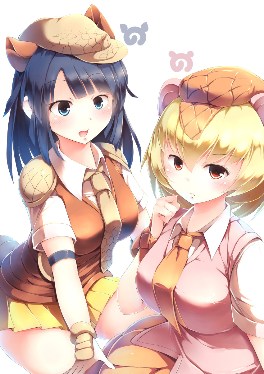 2girls absurdres armadillo_ears bangs blonde_hair blue_eyes blue_hair bow commentary_request extra_ears eyebrows_visible_through_hair frown giant_armadillo_(kemono_friends) giant_pangolin_(kemono_friends) hair_bow hat highres japari_symbol kanzakietc kemono_friends long_hair looking_at_viewer multiple_girls necktie orange_neckwear orange_vest pangolin_ears pink_vest pleated_skirt red_eyes short_hair short_sleeves shoulder_pads simple_background skirt v-shaped_eyebrows vest white_background yellow_skirt