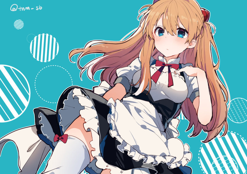 1girl alternate_costume apron arm_at_side black_skirt blue_background blue_eyes blush breasts dress enmaided frilled_apron frills from_below hair_ornament hand_on_own_chest hand_up high-waist_skirt ikeuchi_tanuma long_hair looking_at_viewer looking_down maid maid_apron medium_breasts neon_genesis_evangelion orange_hair petticoat red_neckwear red_ribbon ribbon shirt short_sleeves skirt solo souryuu_asuka_langley striped suspender_skirt suspenders thigh-highs twitter_username waist_apron white_apron white_legwear white_shirt