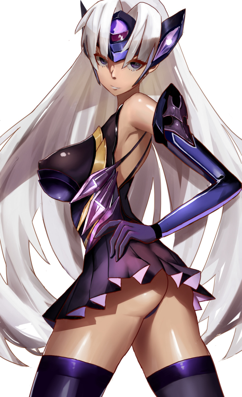 1girl ass bare_shoulders covered_nipples dark_skin elbow_gloves gloves hands_on_hips highres jitome lips lipstick long_hair looking_at_viewer looking_back makeup nintendo pleated_skirt silver_hair skin_tight skirt solo t-elos thigh-highs twisted_torso vic violet_eyes white_lipstick xenoblade_(series) xenoblade_2 xenosaga