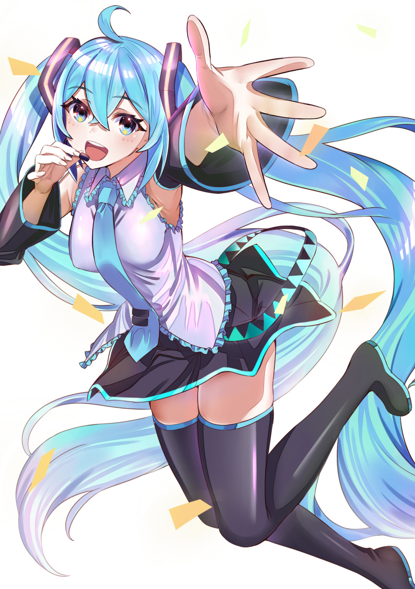 1girl :d absurdres black_legwear black_skirt blue_eyes blue_hair blue_neckwear blush boots commentary_request eyebrows_visible_through_hair hatsune_miku headset highres kujuu_shikuro long_hair looking_at_viewer necktie open_mouth simple_background skirt smile solo thigh-highs thigh_boots twintails very_long_hair vocaloid white_background zettai_ryouiki